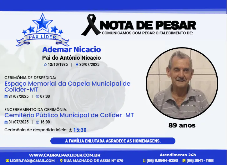 Nota de Falecimento – Colíder se despede do pioneiro Ademar Nicastro