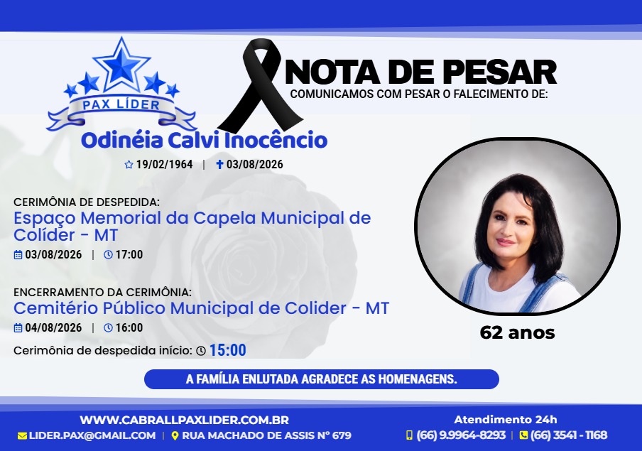 Morre em Colíder a Técnica de enfermagem Odinéia Calvi Inocêncio após trágico acidente doméstico; cidade se despede de uma profissional que marcou gerações